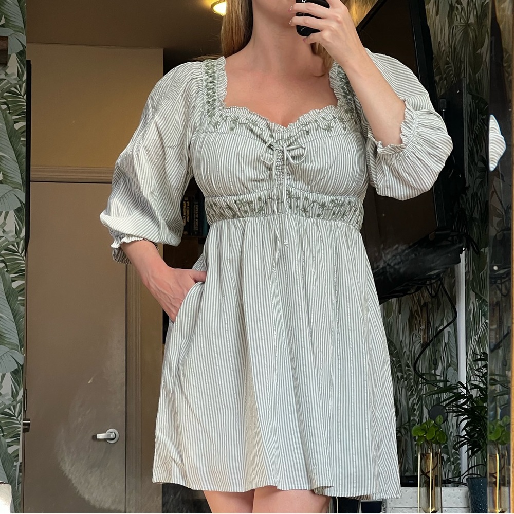 NWT American Eagle Outfitters Green Striped Baby Doll Dress with Puff Sleeves